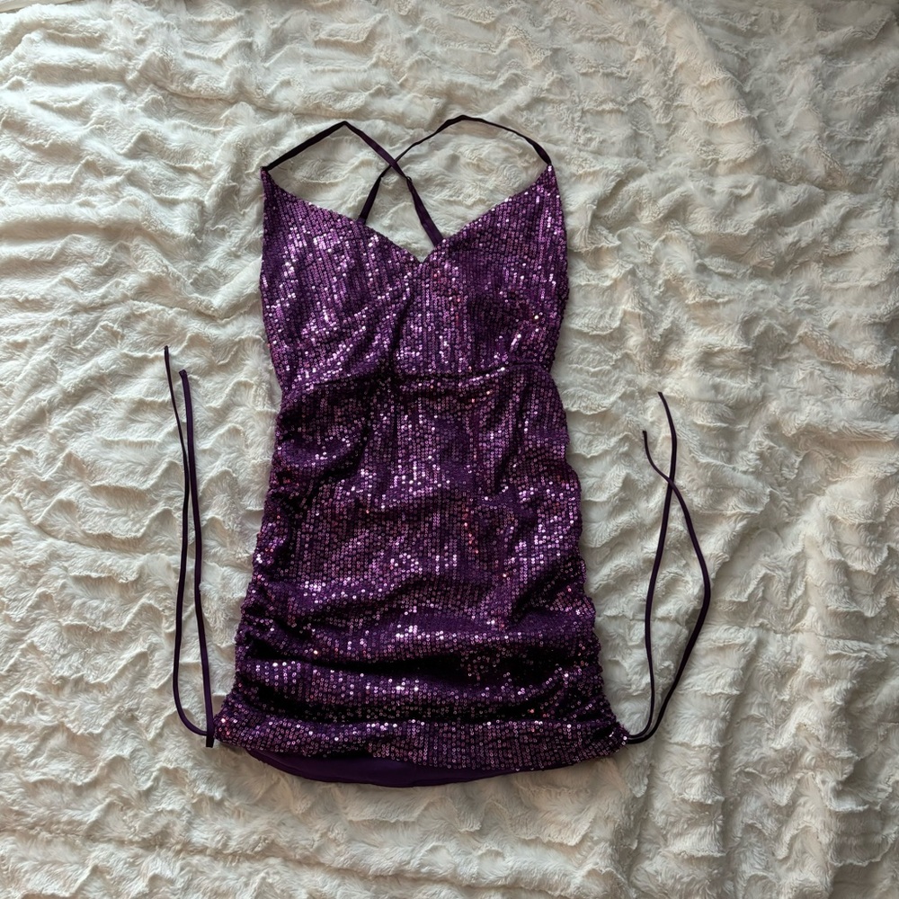 Kohl’s purple sparkle adjustable length homecoming dress with cross back straps